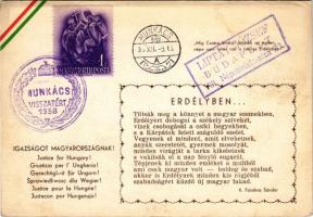 Igazságot Magyarországnak! Míg Csaba királyfi őrködik az égben, népe nem lehet rab a bérces Erdélyben! / Justice for Hungary! Hungarian irredenta propaganda with Hungarian flag decoration + "1938 Munkács visszatért" So. Stpl. (fl)