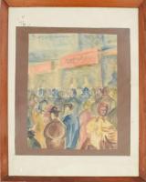 Bozsó János jelzéssel: Utcai forgatag. Akvarell, papír, üvegezett fakeretben, 27,5×21 cm