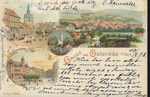 1898 Osterode am Harz with post office, Hotel z. Kronprinz and the Restaurant Englischer Hof litho