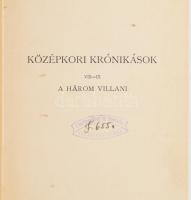 A három Villani krónikája. Croniche di Giovanni, Matteo E Filippo Villani. Ford., bevezetéssel és magyarázó jegyzetekkel ellátta Rácz Miklós. Középkori Krónikások VIII-IX. köt. Szerk.: Gombos Ferencz Albin. Bp., 1909, Athenaeum, 324 p. Átkötött félvászon kötésben, kopott, foltos borítóval, régi intézményi bélyegzésekkel, de ezeket leszámítva belül jó állapotban.