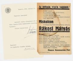 1946 Miskolc, Rákosi Mátyás beszél az infláció végéről röplap foltos + 1942 Miskolc, főispán levele