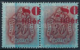 1945 Kisegítő portó 80f/30f pár látványosan elcsúszott felülnyomással + dupla kék alapnyomattal!!!! / Mi P 172 pair with shifted overprint + double blue print