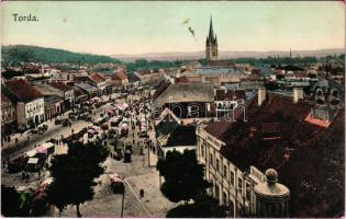 1911 Torda, Turda; látkép, piac, üzletek. Füssy József kiadása / general view, market, shops (ragasztónyom / glue marks)