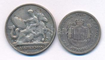 Görögország 1873A 1Dr Ag "I. György / Címer" + 1911. 2Dr Ag "I. György / Thetis mitol...