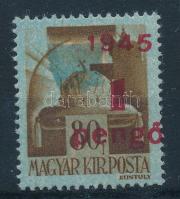 1945 Kisegítő 1P/80f nagy kék folttal és elcsúszott felülnyomással / Mi 799 blue paint spot, shifted overprint