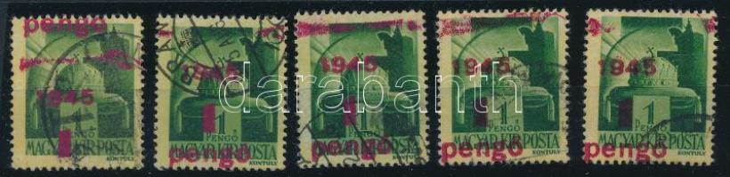 1945 Kisegítő 5 db 1P/1P elcsúszott felülnyomással, piros festékfoltokkal / 5 x Mi 800 paint spots, shifted overprint