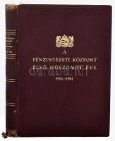 A Pénzintézeti Központ első huszonöt éve 1916-1941. [Bp.,1941., Kir. Magyar Egyetemi Nyomda], 175 p.+15 (táblázatok: statisztikai adatok) t. + 19 (fekete-fehér fotók) t. Kiadói aranyozott félbőr-kötés, aranyozott lapélekkel, kopott borítóval, régi intézményi bélyegzéssel.