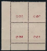 1946 Lovasfutár 100 ezer P ívsarki négyestömb gépszínátnyomattal (elvált fogak) / Mi 887 corner block of 4 with machine offset (aparted perfs.)