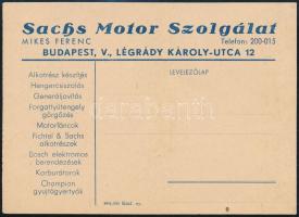 cca 1940 Sachs Motor Szolgálat, Mikes Ferenc Budapest reklám levelezőlap, hátoldalán a cég bélyegzésével, 10,5x14,5 cm