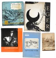 Vegyes 5 darabos egri vonatkozású könyvtétel: Sugár István: Az egri vár és viadala. Bp., 1971, Zrínyi. Kiadói nyl-kötésben, kiadói sérült papír védőborítóban + Az egri képtár vezetője és katalógusa. Dobó István Vármúzeum. Szerk.: Czobor Ágnes. Eger, 1979, Heves Megyei Múzeumok Igazgatósága. Magyar és francia nyelvű szöveggel, fotókkal illusztrálva. Kiadói papírkötésben + Galván Károly: Az egri vár. Bp., 1958, Képzőművészeti Alap Kiadóvállalata. Kiadói papírkötésben + Egri útikalauz. Szerk.: Bakó Ferenc. H.n., 1958, A Heves Megyei Tanács Idegenforgalmi Hivatalának kiadványa. Kiadói, enyhén sérült papírkötésben + Eger. Gink Károly fotói. Bp., 1965, Corvina. Német és orosz nyelvű leírással, gazdag és érdekes fekete-fehér képanyaggal. Kiadói egészvászon-kötésben.