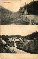 1910 Tusnádfürdő, Baile Tusnad; Alsó vashíd a sziklával, vasútállomás, gőzmozdony, vonat. Dragomán cég kiadása / iron bridge, railway station, locomotive, train (EK)