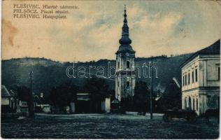 Pelsőc, Pelsőcz, Pelsücz, Plesivec (Gömör); Hlavné námestie / Fő tér, piac, vendéglő, Református templom és harangtorony / Hauptplatz / main square, market, restaurant, Calvinist church and bell tower (EK)