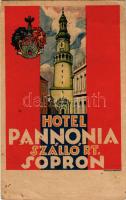 1938 Sopron, Hotel Pannonia szálloda reklámja, Tűztorony és Sopron város címere. Klösz Gy. és Fia. (EB)