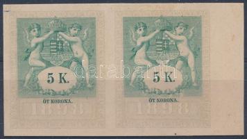 1898 5K okmánybélyeg vágott próbanyomat pár kartonpapíron / imperforate proof pair on cardboard paper