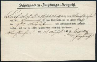 1849 Fehértemplom (Weisskirchen, Bela Crkva), igazolás himlő elleni védőoltásról, német nyelven / Smallpox vaccination certificate (Schutzpocken-Impfungs-Zeugniss)