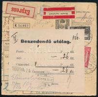 1930 Expressz szállítólevél romló tartalmú áruról, Utólag beszedendő címkével / Express parcel card