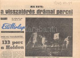 [Folyóirat] 133 perc a Holdon. Ma este: a visszatérés drámai percei. Az Esti Hírlap lapszáma az Apollo-11 expedíciójának Hold-sétájáról. (XIV. évfolyam, 168. szám, 1969. július 21.) Budapest, 1969. Szikra Lapnyomda. [8] p. Folio. A második világháborút követően jelentős fegyverkezési verseny kezdődött az Egyesült Államok és a Szovjetunió között. Ennek a versengésnek volt az eredménye a nyugati világot sokkoló Szputnyik-1 műhold fellövése 1957 októberében, melyet a szovjet hírközlés nagy diadallal jelentett be. Jóllehet a szovjetek által fellőtt első műhold nyomán kitört pánik egyebek között a NASA megalakulásához vezetett, 1961. április 12-én Jurij Gagarin másfél órás űrutazásával újabb szovjet diadal született. Mivel az amerikai űrprogram mind az első műhold, mind az első ember űrbe küldésével lemaradásba került. John F. Kennedy amerikai elnök csattanós válaszként 1961. május 25-én a szenátusban meghirdette a Holdra szállási programot. A később Apollo-projektként elhíresült terv szerint még az évtized vége előtt embert kell juttatni a Holdra, és sikeresen vissza is kell hozni onnan. A nagyívű terv sikeréhez azonban rengeteg részlet kidolgozásra szorult. Bár az 1961. május 5-én végrehajtott első amerikai űrutazással kiderült, hogy a kozmikus sebesség, a kozmikus sugárzás és a súlytalanság állapota is túlélhető az emberi szervezet számára, a következő űrutazások során még számtalan vezérlési, kommunikációs, tudományos és egészségügyi kihívásra kellett megoldást találni, illetve meg kellett oldani a Föld kerüli keringés, a hosszú távú űrben tartózkodás, az együttes repülés, az űrséta és az űrrandevú technikai kérdéseit. Az 1961-től kibontakozó Mercury- és Gemini-programok sikere után 1967-től indult a Hold-utazás végső szakaszának programja, az Apollo-program. A tragédiát sem nélkülöző űrprogram döntő része 1967-1969 között zajlott, melynek során az Apollo-űrhajók több alkalommal megközelítették a Holdat, körbe is fényképezték, és kezdettől fogva a két űreszközös megoldást választották, melynek értelmében a Föld-Hold-távolságot megtevő anyaűrhajó Hold körüli pályára áll, és onnan egy másik járművel, egy holdkomppal érik el a Hold felszínét, majd jutnak vissza onnan. Az Apollo-11 űrhajó 1969. július 16-án startolt Floridából, és több napnyi utazás, majd Hold körüli pályára állás után az anyaűrhajóról leválasztott holdkomp 1969. július 20-án, a vasárnap esti órákban érte el a Hold felszínét. Illusztrált beszámolónk a holdkompban tartózkodó két amerikai űrhajós, Neil Armstrong és Buzz Aldrin két órán át tartó holdsétáját ismerteti, különös módon kiemelve, hogy Neil Armstrong bal lábbal lépett a Holdra, illetve sejtetve a tényt, hogy Buzz Aldrin ugrálásaival szemben a bal lábával a Holdat érő Armstrong végig komoly maradt. A magyar kommentár némiképp nehezményezi az amerikai lobogó kitűzését is. Neil Armstrong elhíresült bonmot-ját - ,,Kis lépés az embernek, nagy lépés az emberiségnek - a beszámoló nem említi. A harmadik oldalon további anyag az expedícióról, annak súlyos költségeiről, a holdbéli gravitációról, az amerikai szórakoztatóipar kapcsolódó túlkapásairól. Az űrhajósok portréját és az általuk készített felvételeket is közlő lapszám kiemeli, hogy a világszerte közvetített holdséta feltehetően a világ eddigi legnézettebb adása volt. A véleményoldal kommentárja minden alkalmat megragad az amerikai eredmény szovjet kontextusba helyezésére, illetve költségeinek firtatására. A további oldalon magyar vonatkozású hírek, a záró oldalon az űrben járt valamennyi szovjet és amerikai űrutazó fényképe, Lajka kutyától Buzz Aldrinig, az űrbe lépés időpontja szerint. Jó állapotú lapszám.