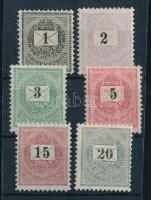 1888 Feketeszámú 1kr + 1889 2kr, 3kr, 5kr, 15kr és 20kr