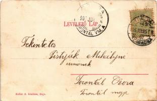 1905 Baja, vasútállomás, gőzmozdony, vonat. Kollár A. kiadása + "BAJA - SZABADKA 143. SZ."...