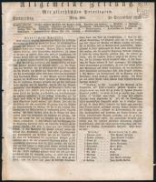 1828 Allgemeine Zeitung. Mit allerhöchsten Privilegien. Nr. 360. Német nyelvű hírlap 1828. dec. 25-i (karácsonyi) száma, 2K szignettával, tetején vágásból eredő kisebb hiánnyal, 8 p.