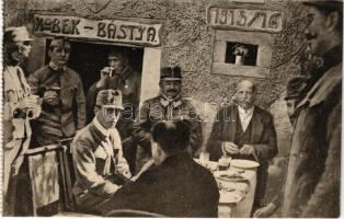 1915/16 Kobek-Bástya: Dr. Tarnay főispán és dr. Nagy Ferenc polgármester látogatása, villásreggeli a Kobek bástyánál, középen Sengerer ezredes csoport parancsnok. M. kir. 10. honvéd gyalogegzred kiadása 6815. / WWI K.u.k. Hungarian military (fl)