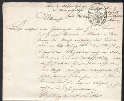 1850 Pozsony (Pressburg), német nyelvű okirat, egy beírt oldal, szignettával, viaszpecsétekkel és pa...