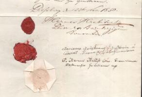 1850 Pozsony (Pressburg), német nyelvű okirat, egy beírt oldal, szignettával, viaszpecsétekkel és pa...