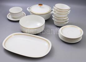 Arzberg vintage 16 részes szervírozó készlet, 6 leveses tál 6 alátéttel, szószos edény, köretes edény, leveskínáló, tálca. Jelzett, bordázott, aranyozott.