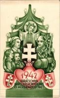 1942 Karácsonya Harcoló honvédeinké és hozzátartozóiké; levente szimbólumokkal, hajtható lap / WWII Hungarian military Christmas greeting with paramilitary youth organisation's symbols (non PC) (EK)