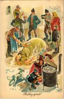 1956 Boldog Újévet! Dísznóvágás. Képzőművészeti Alap / New Year greeting art postcard, Hungarian folklore, pig slaughter s: Gönczi Tibor (EK)