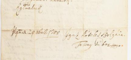 1708 Tolvay Gábor, báró (1654.-1718.): nádori ítélőmester autográf levele kuruc fogságból való szaba...