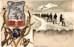 3. Reggimento Alpini. Doyen di L. Simondetti / Italian military art postcard, Alpine Regiment with skiing soldiers. Art Nouveau, litho s: Berlia (?)