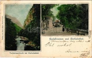 1900 Herkulesfürdő, Baile Herculane; Tschernaschlucht, Karlsbrunnen / Cserna völgy, Károly kút. Emil Jäger kiadása / Cerna valley, well (EK)