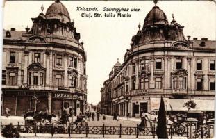 Kolozsvár, Cluj; Szentegyház utca, Státus paloták, The Gresham Életbiztosító társaság, Haraszthy Jenő és Frank Kiss János és fiai üzlete. Keszey Albert kiadása / street view with insurance companies and shops