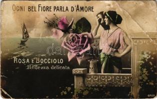 1914 Ogni bel Fiore parla d'Amore, Rosa e Bocciolo, Bellezza delicata / Olasz romantikus üdvözlőlap / Italian romantic greeting (EB)