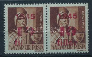 1945 Kisegítő 10f/4f pár, ívbehajlás miatt részleges felülnyomat hiány / Mi 778 pair, partial overprint missing