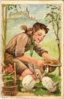 A cserkész szereti a természetet, jó az állatokhoz és kíméli a növényeket. Cserkész levelezőlapok kiadóhivatala / Hungarian boy scout art postcard s: Márton L. (kopott sarok / worn corner)