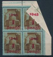 1945 Kisegítő 1P/80f ívsarki négyestömb, ívbehajlás miatt a hátoldalra is került felülnyomás / Mi 799 corner block of 4, partial overprint on the gum