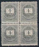 1889 1kr négyestömb 11 1/2 fogazás, a bal alsó bélyegen a felső háromszögnél 3 folt, javítás / 1kr block of 4 with retouche, spots