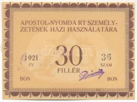 Budapest 1921. 30f "Apostol-Nyomda R.T." T:AU ragasztónyom / Hungary / Budapest 1921. 30 Fillér "Apostol Press" C:AU sticking mark Adamo BUC-11.3