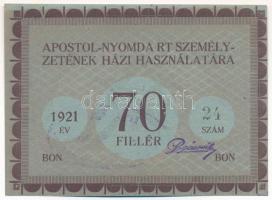 Budapest 1921. 70f "Apostol-Nyomda R.T." T:AU / Hungary / Budapest 1921. 70 Fillér "Apostol Press" C:AU Adamo BUC-11.7