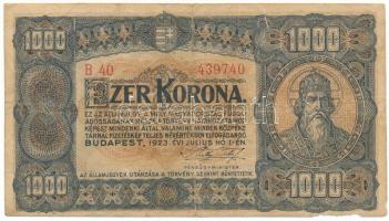 1923. 1000K "B40 439740" nyomdahely jelölés nélkül T:F,VG szakadás, jobb alsó saroknál anyaghiány Adamo K37