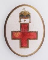 ~1910. "Koronás Vöröskereszt" aranyozott, zománcozott bronz jelvény (48x38mm) T:VF zománchiba Hungary ~1910. "Red Cross with Crown" gilt, enamelled badge (48x38mm) C:VF enamel error