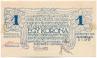 Budapest 1919. 1K "Ganz-féle Villamossági Gyár" T:XF ragasztónyom / Hungary / Budapest 1919. 1 Korona "Ganz Electrical Factory" C:XF sticking mark Adamo BUC-85.1