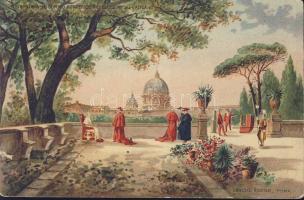 Rome Vatican garden with pontifical audition litho (small tear)