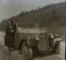 cca 1940, 20 darab fotónegatív autós kirándulásról, magyar rendszámú Adler Trumpf Junior kabrióval, ...