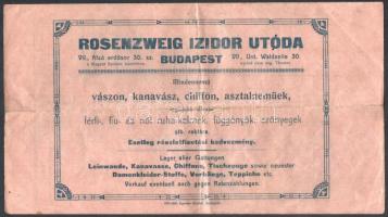 1909 Rosenzweig Izidor utóda, Bp., VII. Alsó erdősor 30, négy oldalas fejléces számla részletfizetés...