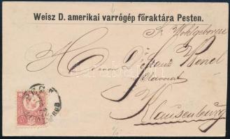 1872 Réznyomat 5kr varrógépreklámos cégborítékon "PEST LIPÓTVÁROS" - "KOLOZSVÁR"