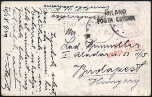 1919 Képeslap olasz és magyar hajópostával Gibraltáron feladva, az Adria és a JÓKAI hajókkal, milánói átmenő bélyegzéssel Budapestre / Paquebot postcard with Italian and Hungarian paquebots, transit postmark Milano to Budapest