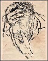 Szalay Lajos (1909-1995): Gondolkodó. Tus, papír, jelzés nélkül. Foltos. Papírra kasírozva. 16×12 cm